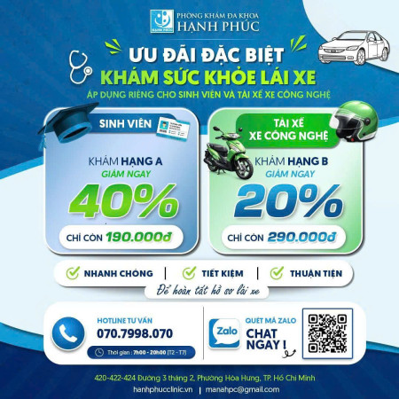 Khám sức khỏe lái xe nhóm 1, 2 (Hạng A, B)