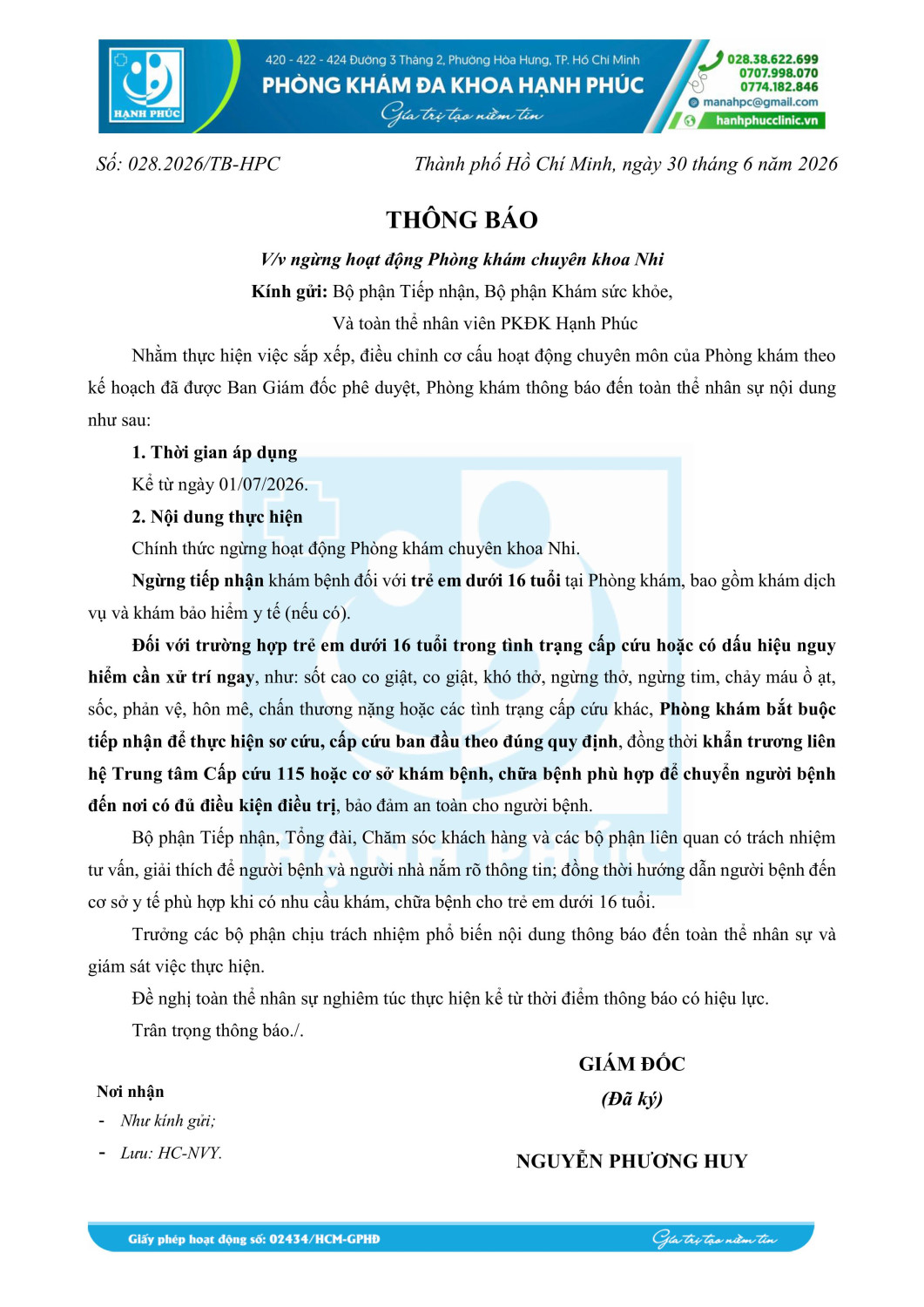 028 2026 TB HPC THÔNG BÁO Vv ngừng hoạt động phòng khám nhi